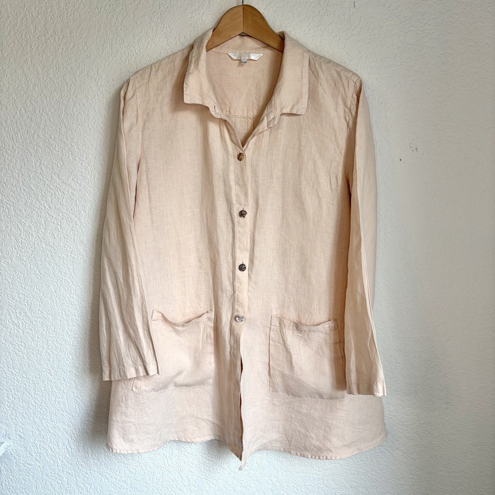 100% Linen Kleen Peachy Khaki Long Button Up Layer Shirt Jacket Size Medium